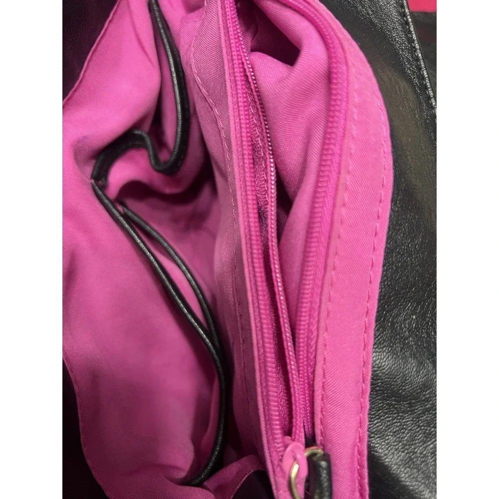 Nicole Miller Black Vegan Leather Hand‎ Satchel Bag Snake Skin Pink Lining